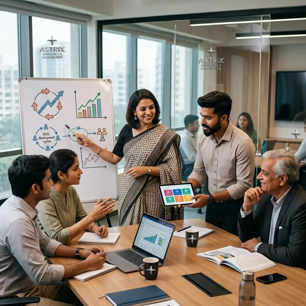 A diverse team of consultants at Astrix Dynamics participating in a collaborative workshop and training session to enhance their digital marketing and technical skills