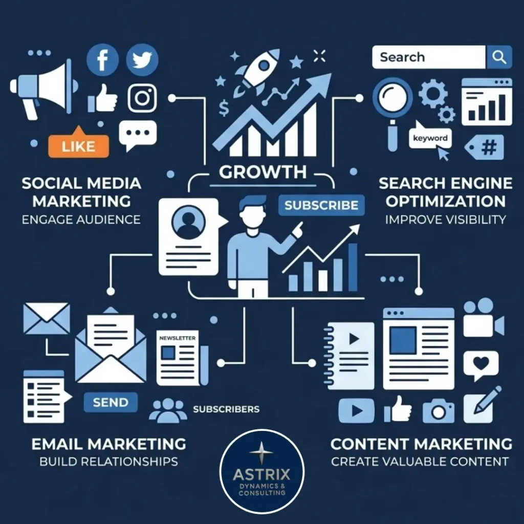 A data-driven SEO strategy dashboard by Astrix Dynamics & Consulting, showcasing organic growth, keyword rankings, and digital transformation metrics for enterprise businesses.