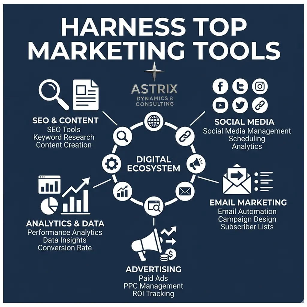 A professional workstation at Astrix Dynamics displaying a suite of top marketing tools, including SEO keyword trackers, PPC dashboards, and CRM analytics interfaces.