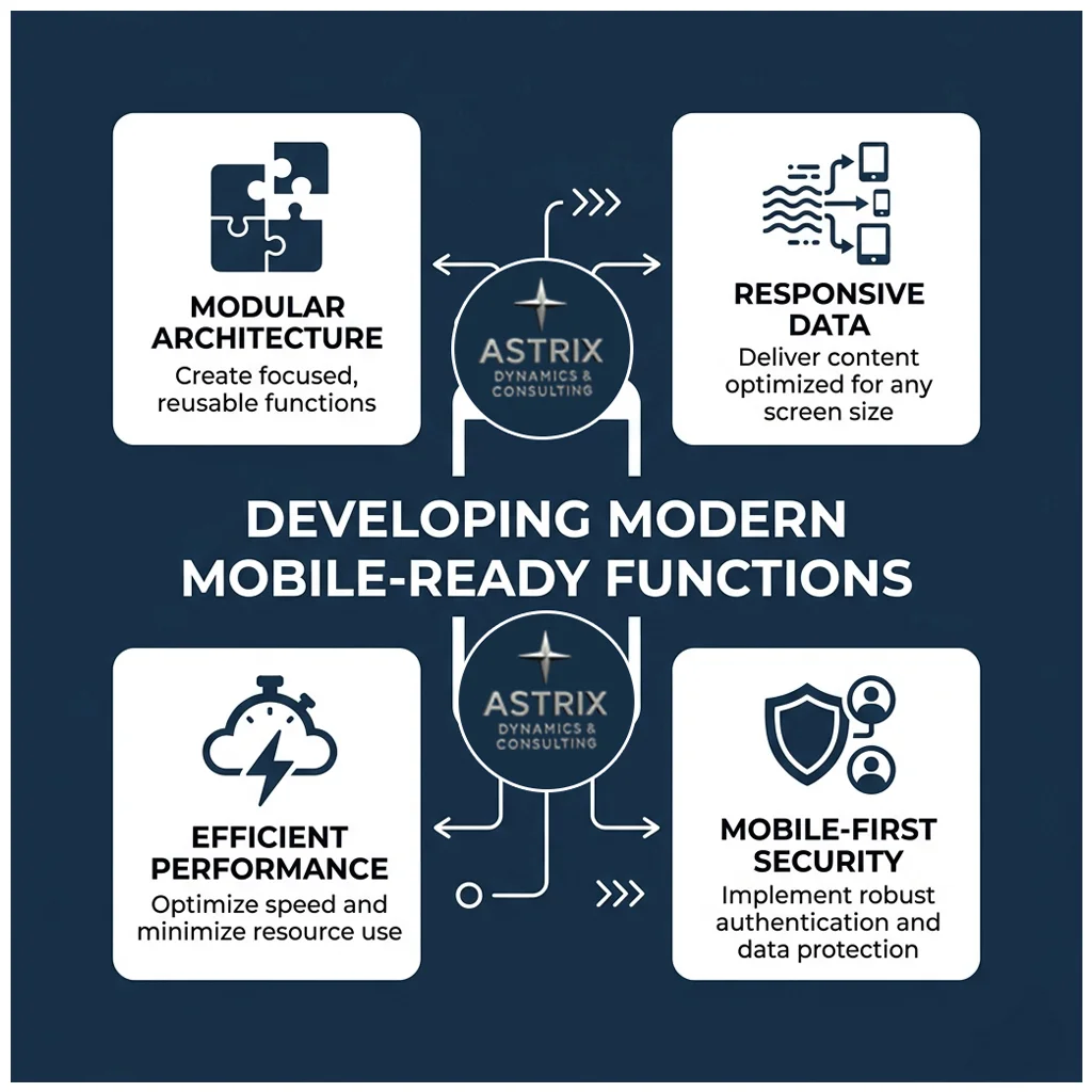 A sleek, responsive mobile application interface designed by Astrix Dynamics, showing modern functions like biometric login, push notifications, and real-time data syncing across a smartphone and tablet.