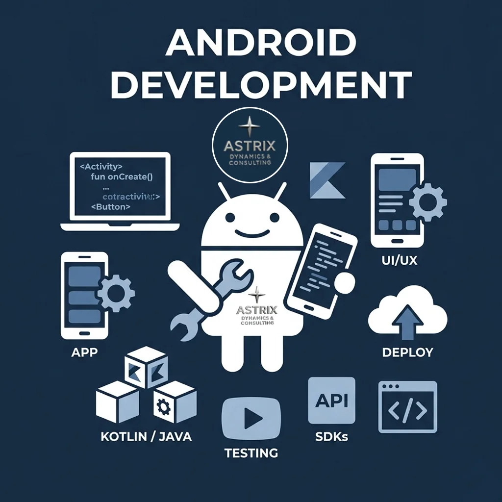 A professional Android developer at Astrix Dynamics writing clean Kotlin code for a custom enterprise application, featuring a Material Design UI on a testing device