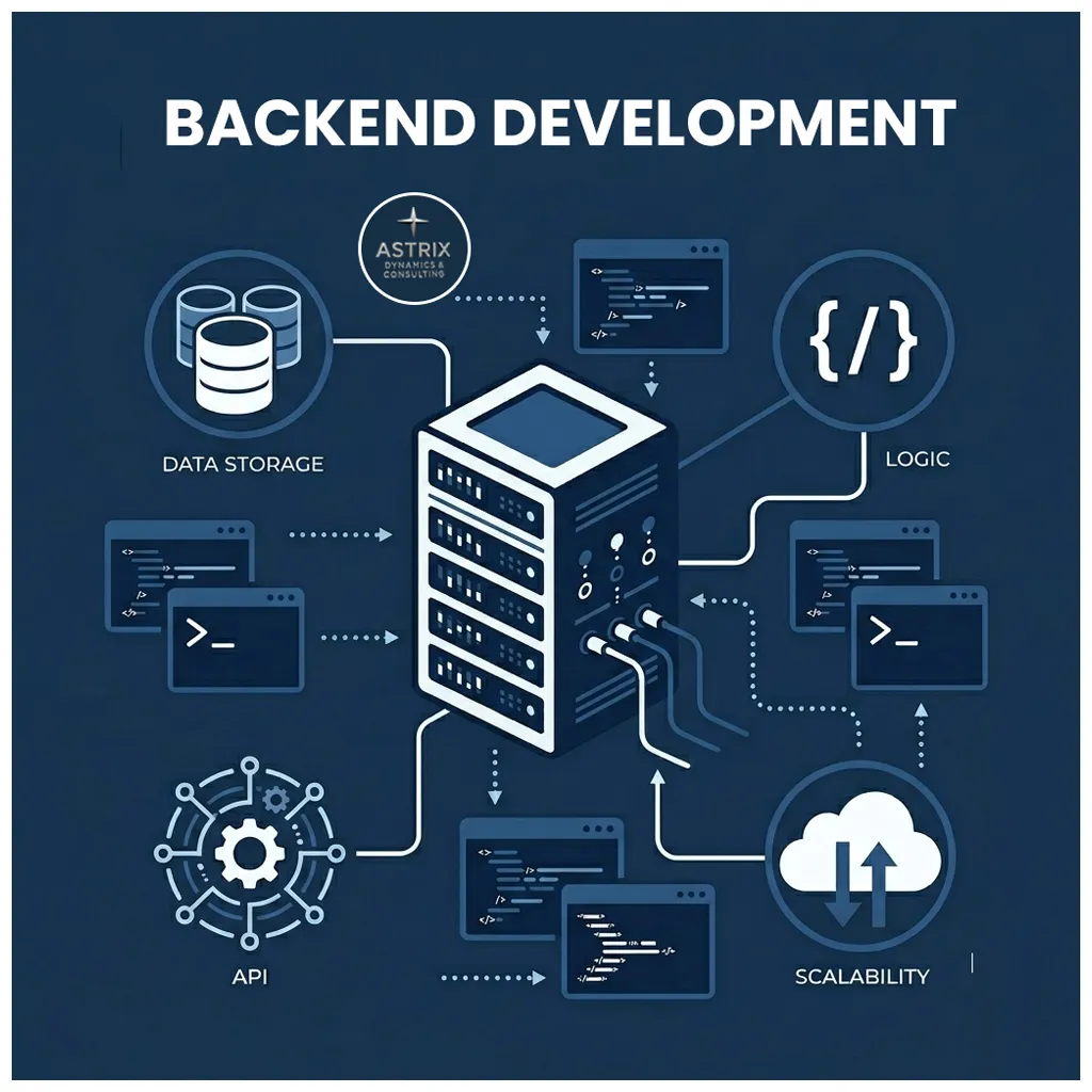 A professional back-end developer at Astrix Dynamics building a secure server-side architecture with database integration and API connectivity for a scalable web application