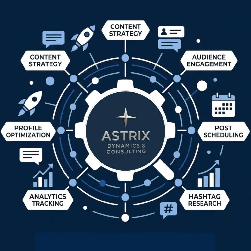 A colorful infographic showing the key pillars of Social Media Optimization, including profile tagging, content sharing, and engagement metrics.