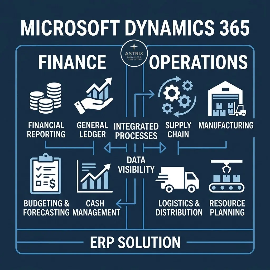 An enterprise-level financial dashboard from Microsoft Dynamics 365 Finance and Operations, displaying real-time supply chain analytics, automated invoicing, and global financial reporting
